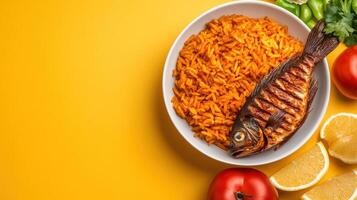 Fish and rice dish with lemon and tomatoes on bright backdrop, for restaurant menu or cookbook photo