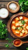 Fish stew served in bowl on wood table with herbs and condiments in rustic setting photo