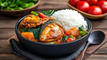 Fish stew with rice served in black bowl on wood table with tomatoes and greens in blurred background photo