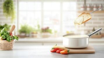Fondue preparation. Cheese melting off bread in a kitchen setting with a blurred background photo