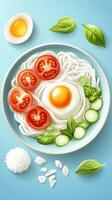 Food bowl with noodles, egg, tomatoes, and cucumbers. Meal preparation concept on a blue background photo
