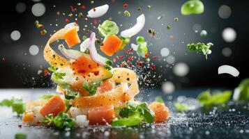 Food ingredients falling and suspended in midair for a visually appealing cooking creation photo