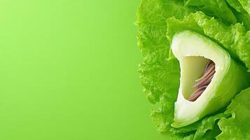 Fresh avocado slice on lettuce leaf set against bright backdrop, promoting healthy eating habits photo