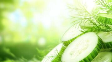 Fresh cucumber slices with dill on a green background with light, for healthy eating concepts photo