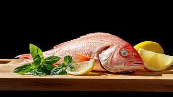 Fresh Red Snapper with lemon and herbs on a wooden cutting board for healthy eating concept photo