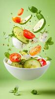 Fresh salad explosion, tomatoes, cucumber, and basil hovering over bowl for culinary blog use photo