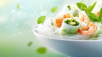 Fresh shrimp spring rolls in a bowl on top of white noodles, bright colorful background for food presentation photo