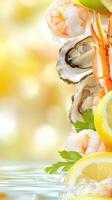 Fresh seafood, oysters, shrimp, lemon, and herbs on ice on a bright bokeh background for a gourmet meal photo