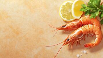 Fresh shrimp with lemon and parsley on neutral background, used for food blog or recipe photo