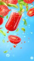Fresh tomato juice in glass with tomatoes and herbs. Useful for menu or promotion photo