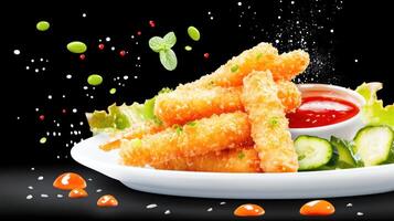 Fried cheese sticks with sauce, cucumber and salad on a plate, food presentation background photo