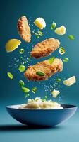 Fried chicken and potato floating to bowl on background. Food photography for ads, menu, blog photo