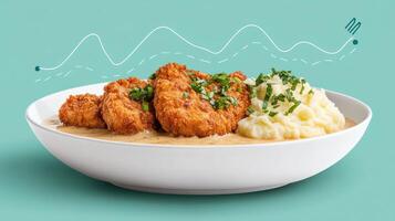 Fried chicken with mashed potatoes and gravy on a plate for food photography ads photo