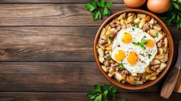 Fried egg and potato on plate, food served on rustic wooden background. Menu item photo