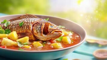 Fried fish in soup with pineapple chunks on a plate, for lunch, outside with greenery photo