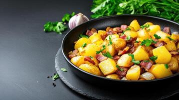 Fried potatoes with bacon served in a black pan in a dark setting with greens in background photo
