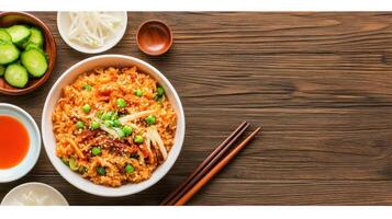 Fried rice served with condiments and cucumbers on a wooden table, suitable for restaurant menus photo