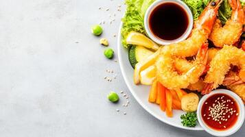 Fried prawns served with sauce, lemon, vegetables on a plate for menu or blog recipe photo