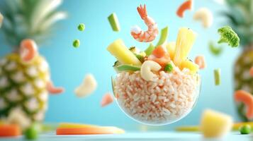 Fried rice with shrimp, veggies floating in the air in front of pineapples, commercial shot photo