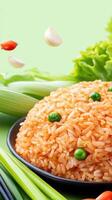 Fried rice with green peas. Garnished with garlic and tomato. Ready to serve, in a green background photo