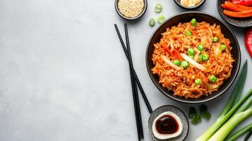Fried rice with vegetables in bowl on grey table, for ads, restaurant menu, cookbook photo