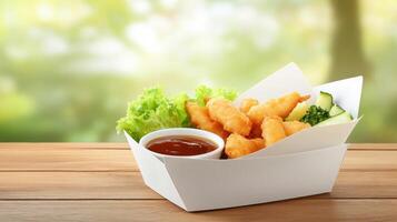 Fried shrimp with salad and sauce in carton box, ready to eat, in nature background photo