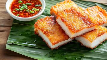 Fried taro cakes with sauce, ready to serve, on banana leaf, cooking concept, stock photo