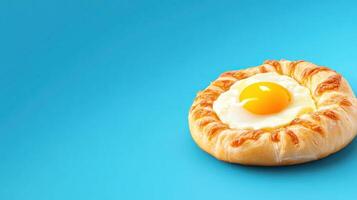 Georgian cheese bread with egg yolk on blue. Appetizer idea for cookbook or blog photo