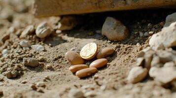 Gold coin and beans lying in the dirt and stones in a desert, conceptual shot photo
