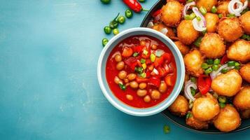 Golden fritters with tangy sauce served on blue surface, overhead shot, ample copy space on left side photo