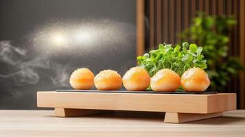 dorado mochi con verduras en madera. servicio dulces en restaurante. comida Blog, menú foto
