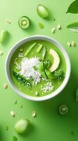 Green veggie bowl, rice, broccoli, avocado, and kiwi, atop a green background. Healthy bowl for blogs photo