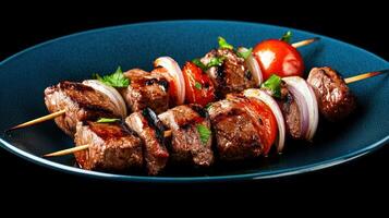Grilled beef skewers with tomato and onion on a plate. Great for restaurant menus photo