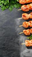 Grilled Chicken Skewers. Food photography concept with copy space and herbs for recipe photo