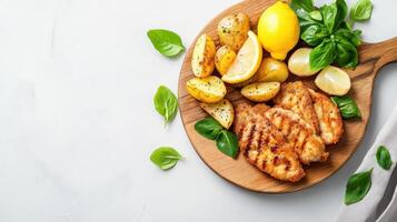 Grilled chicken with potatoes and lemon. Healthy meal on wooden board. Light surface background photo