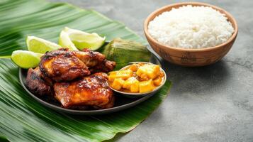 Grilled chicken with rice, mango, and lime served on a plate with a banana leaf on a concrete table photo
