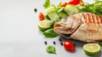 Grilled fish is served with salad, tomatoes, basil and lime, for restaurant menu design photo