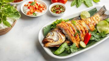 Grilled fish fillets with sauces, basil, and lime on a plate, sitting on a table. Possible use menu photo