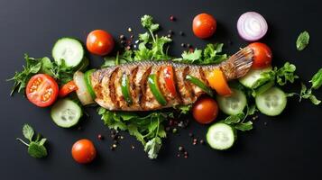 Grilled fish on plate with veggies for meal, flat lay, with tomatoes, cucumber and red onion around photo