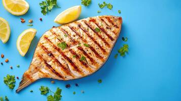 Grilled fish served with lemon and herbs on a blue background for a healthy meal menu photo