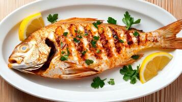 Grilled Fish with Lemon on Plate for Restaurant Menu or Recipe Presentation photo