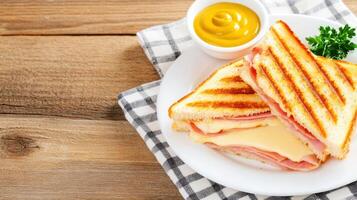 Grilled ham and cheese sandwich on a white plate with mustard on a rustic wooden table photo