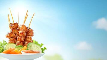 Grilled meat skewers on plate with vegetables. Outdoors for lunch ad, menu or social media photo