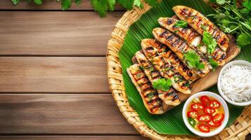 Grilled meat served with noodles and sauce on a banana leaf, ready to eat. Stock image photo
