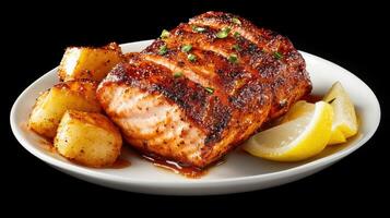Grilled Salmon with Potatoes and Lemon Slices on a Plate for Meal Presentation photo