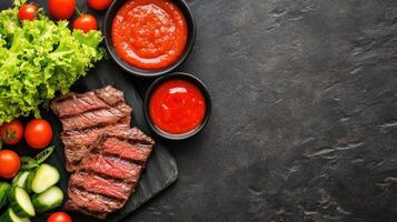 Grilled steak and salad, food photography. Dark background for menu or presentation photo
