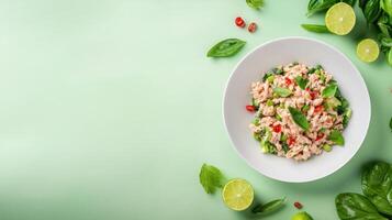Ground meat salad in a white bowl with basil leaves on a green background, culinary presentation photo