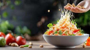 Hand adding peanuts to papaya salad on wood table, dark background. Food preparation concept photo