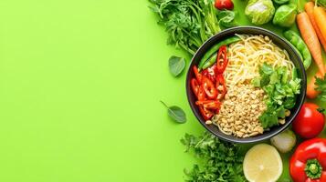 Healthy noodles bowl and fresh veggies on a colorful flat lay background for nutrition recipes photo