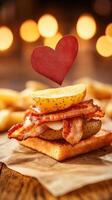 Heart atop food with bacon, cheese, and potatoes on paper on a wooden table with blurry lights photo